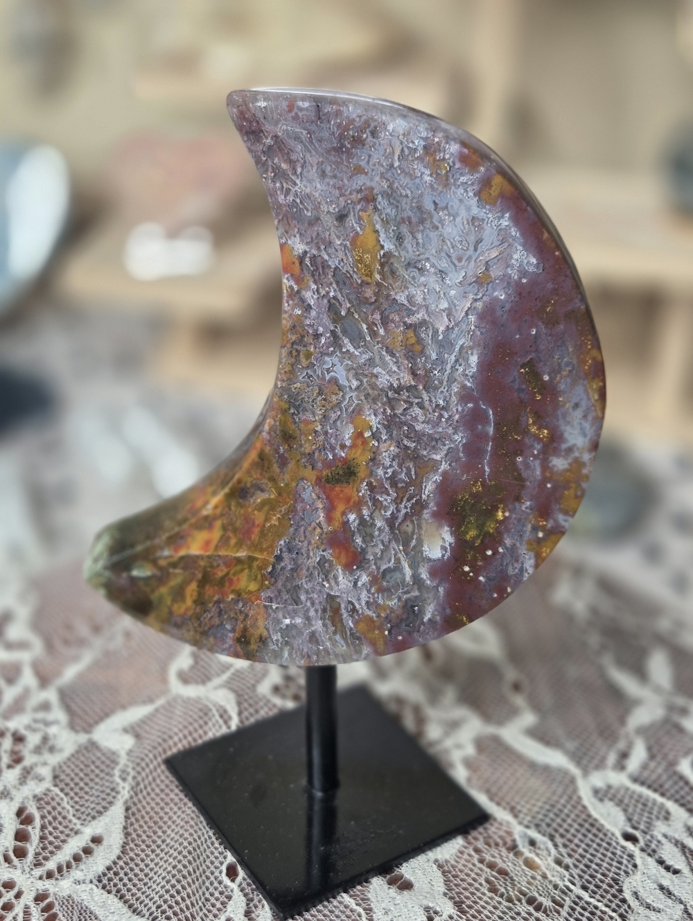Red Moss Agate Crescent Moon On Black Stand  B - Picture 3 of 6